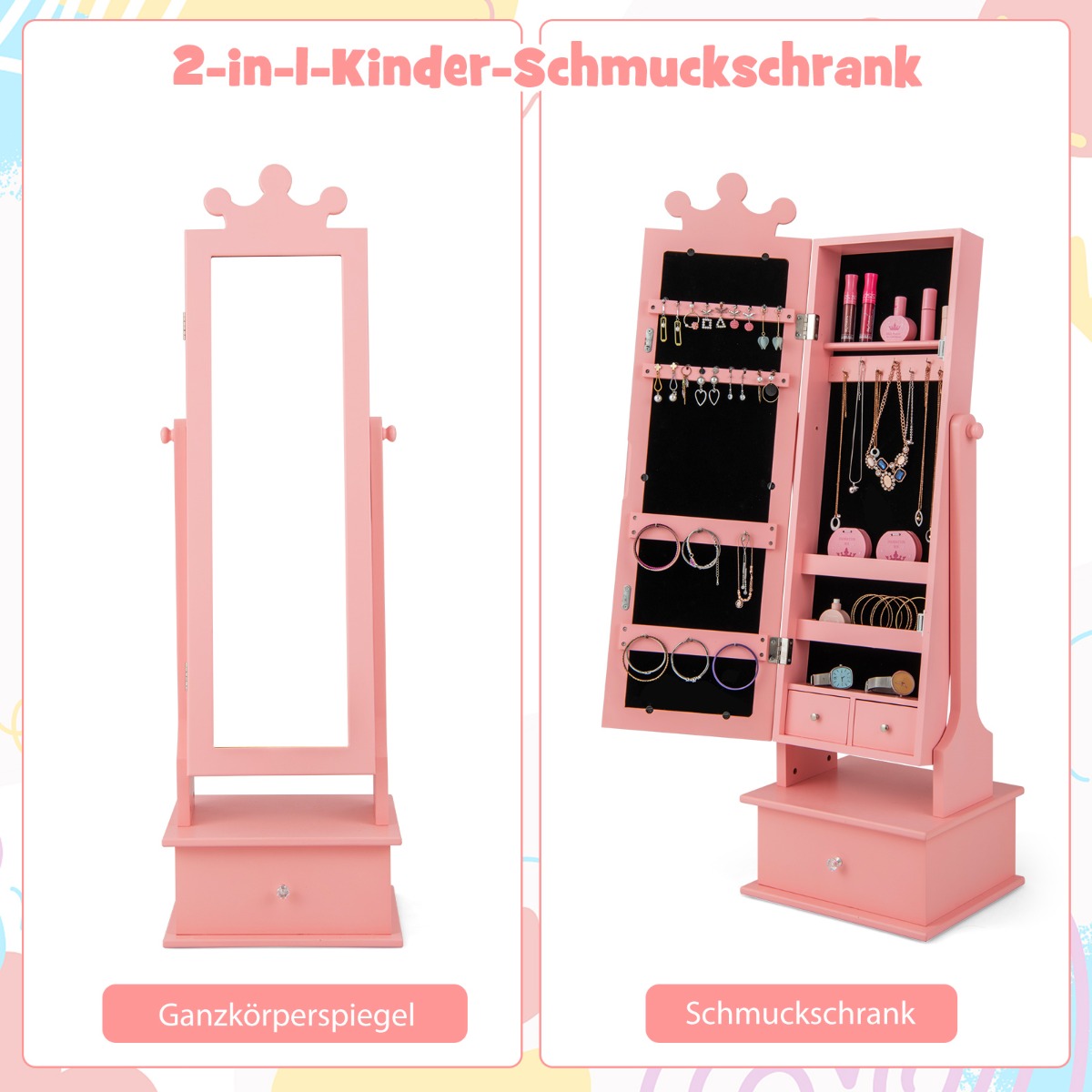 Smyckesskåp – för barn med fullängdsspegel och lutningsvinklar lådor – 2 3 – Rosa
