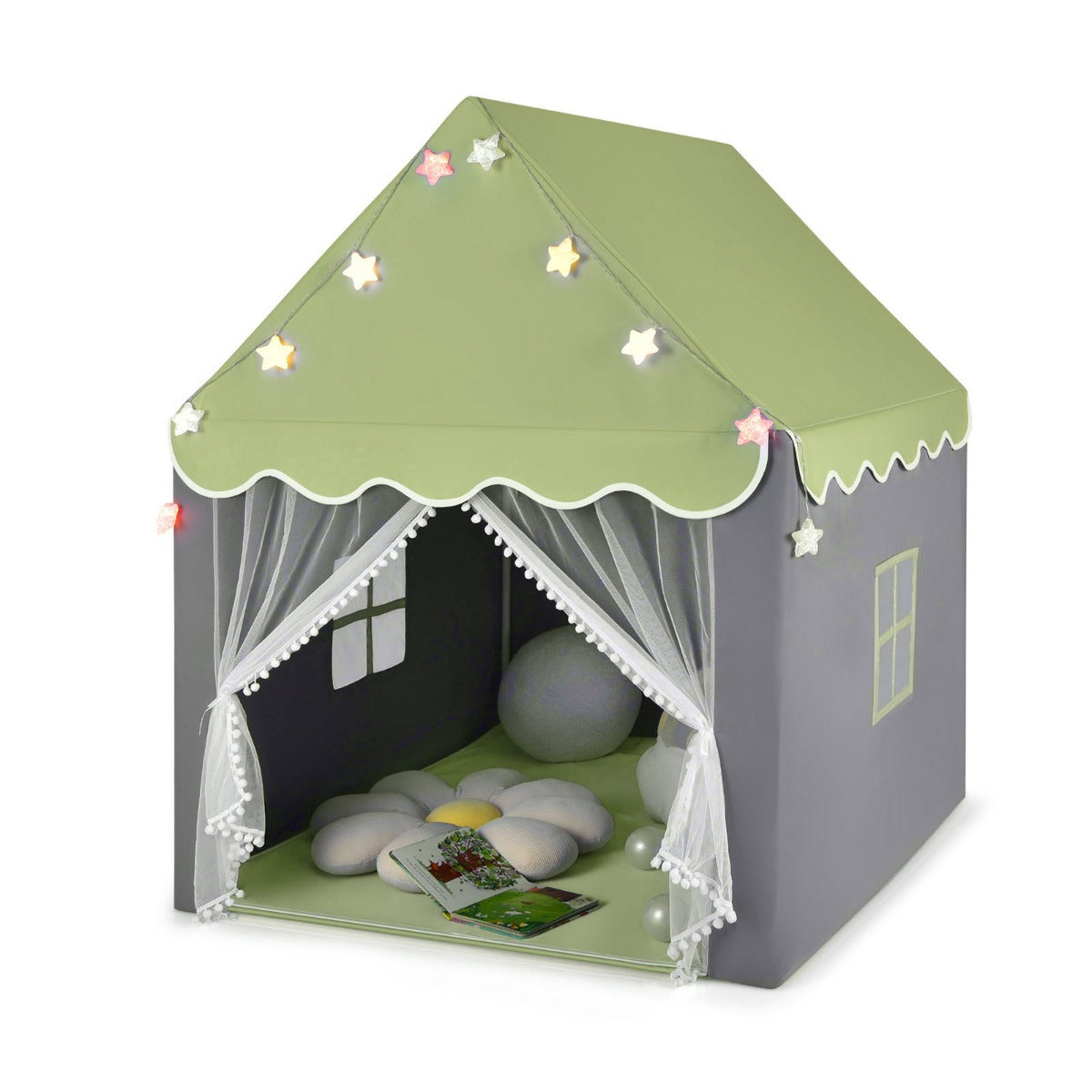 Lektält – för barn med tvättbar matta och stjärnljus fönster – 105 x 121 x 136 cm – Grön