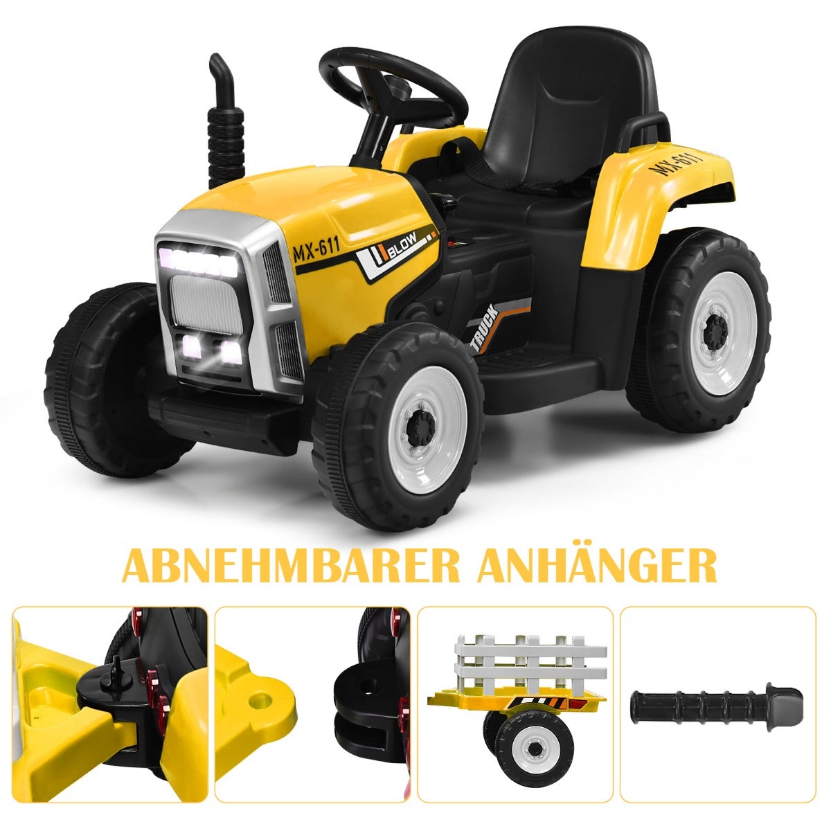 V – barntraktor med släp Batteridriven elektrisk leksaksbil – 12 – Gul