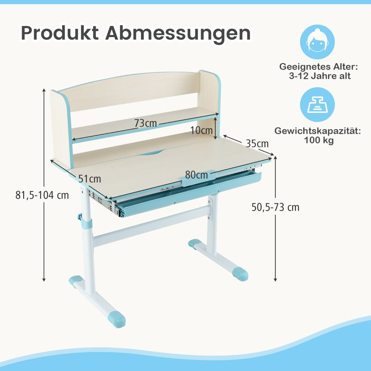 Barns – höjjusterbara skrivbord + datorstol set, studiebord, blått. – Blå