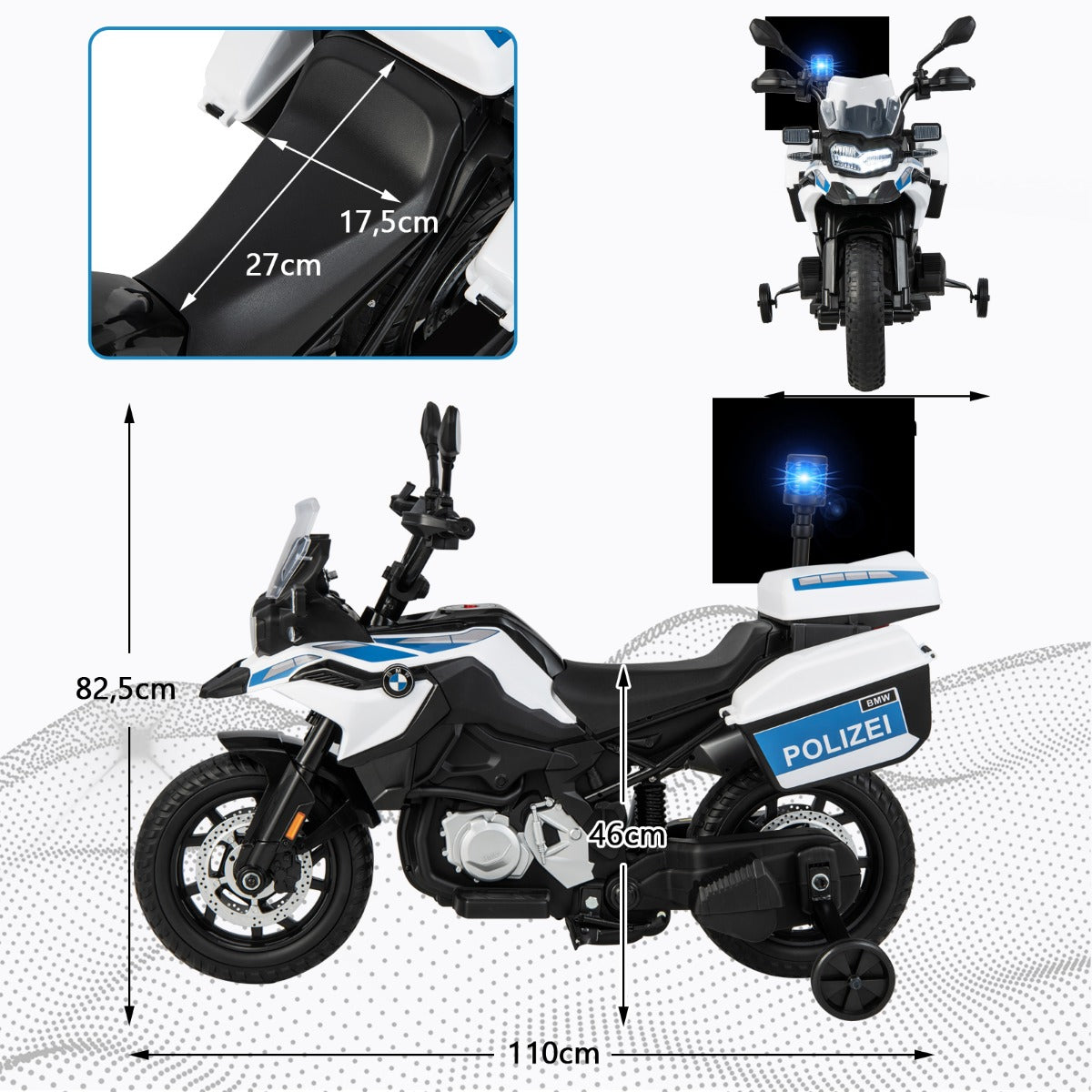 Polismotorcykel – för barn Batteridriven med stödhjul – 2 110 x 82,5 x 63 cm – Vit