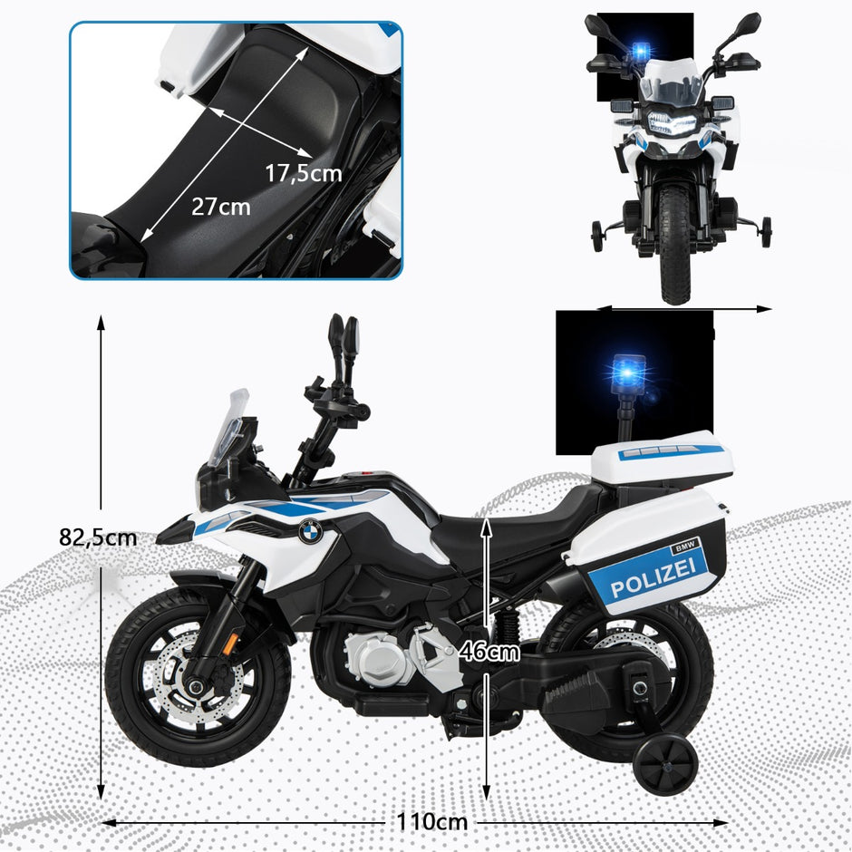 Polismotorcykel – för barn Batteridriven med stödhjul – 2 110 x 82,5 x 63 cm – Vit