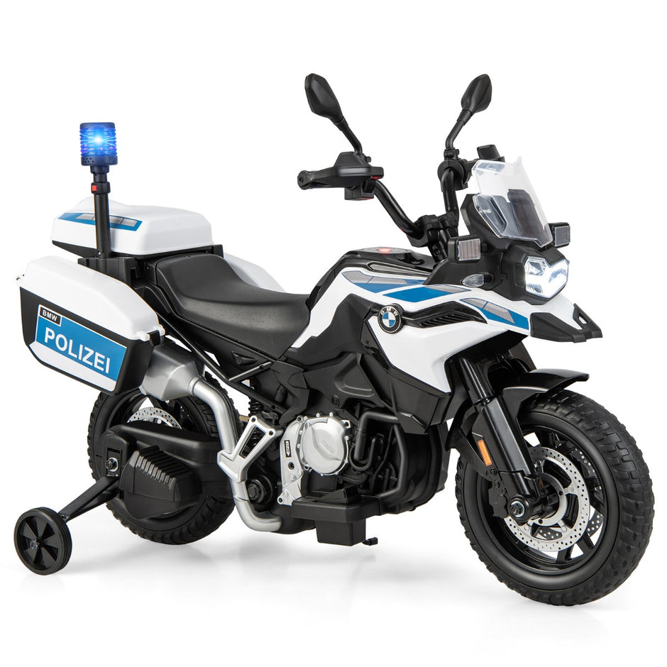 Polismotorcykel – för barn Batteridriven med stödhjul – 2 110 x 82,5 x 63 cm – Vit