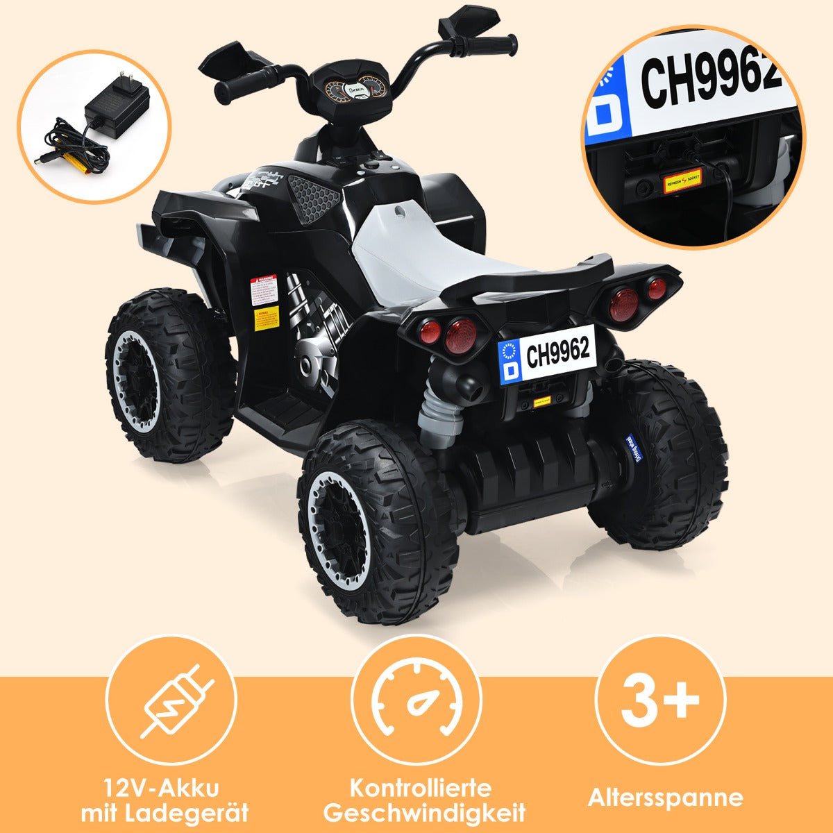12V – Electric Kids Quad med musikhorn och LED strålkastare Black – Svart