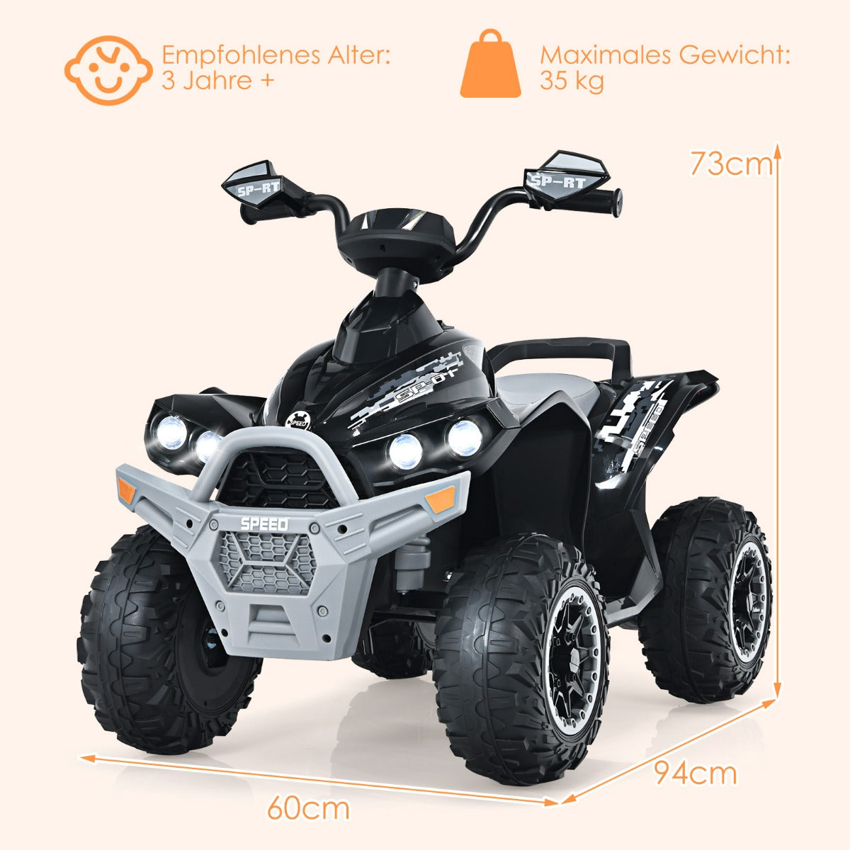 12V – Electric Kids Quad med musikhorn och LED strålkastare Black – Svart