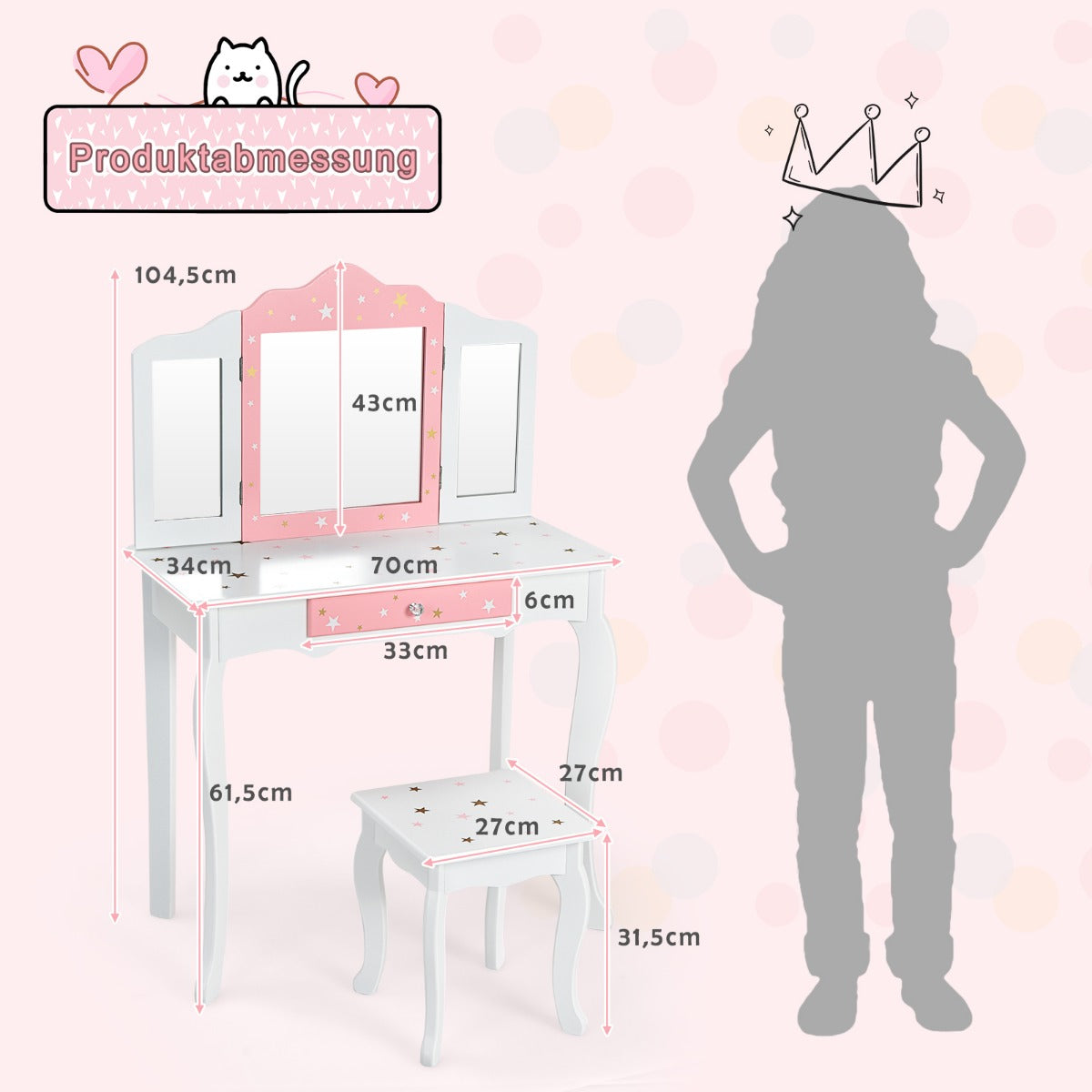 Sminkbord – för barn Princess med låda Vikbar spegel – Vit