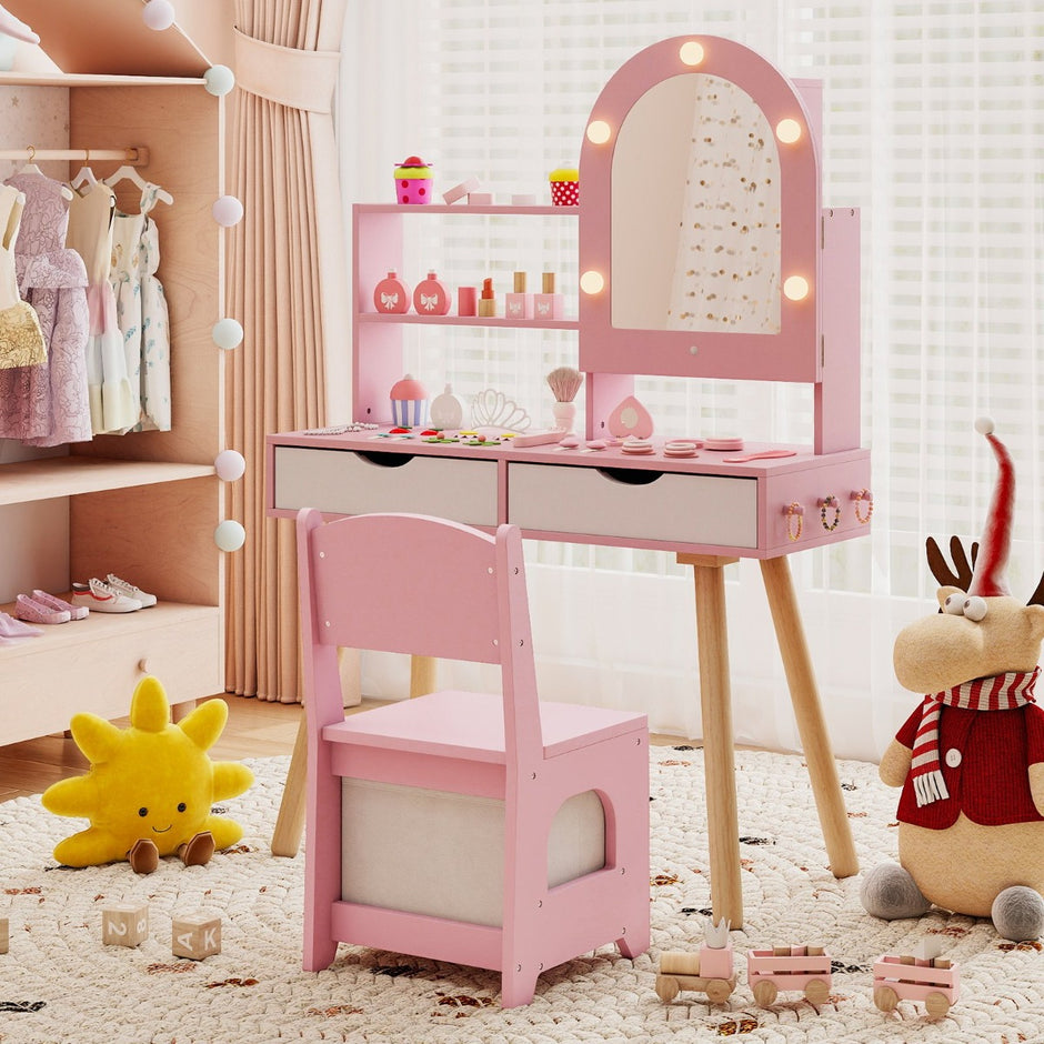 Sminkbord – och stol för barn med spegel färgsbelysning, justerbar ljusstyrka – 3 – Rosa