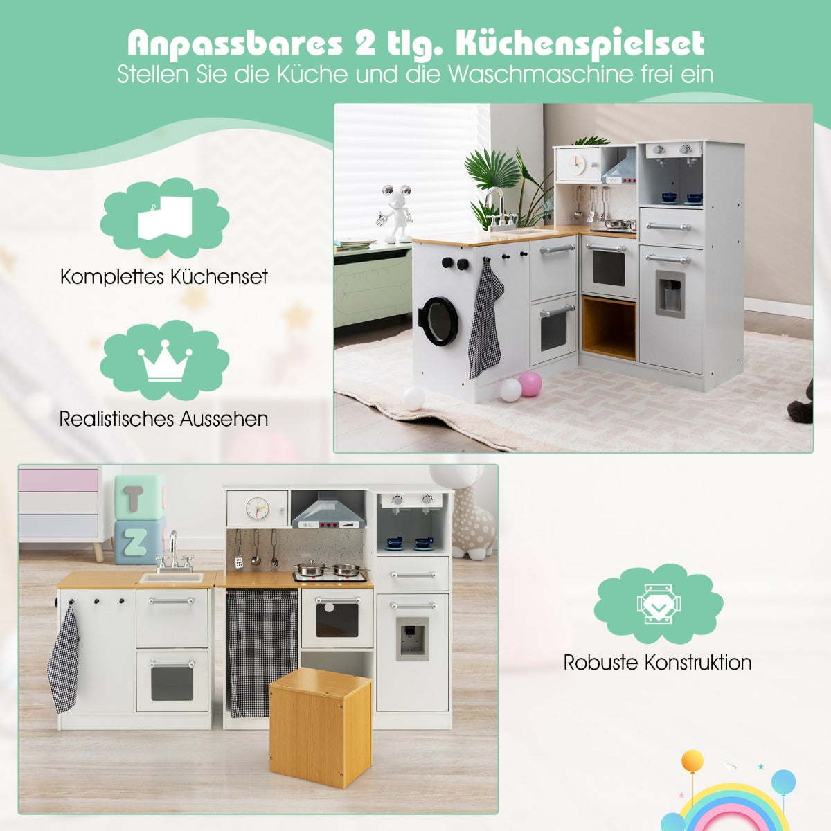 Barnköksset – Lekök med lätt pall Kaffemaskin Vattendispenser Spis – Vit