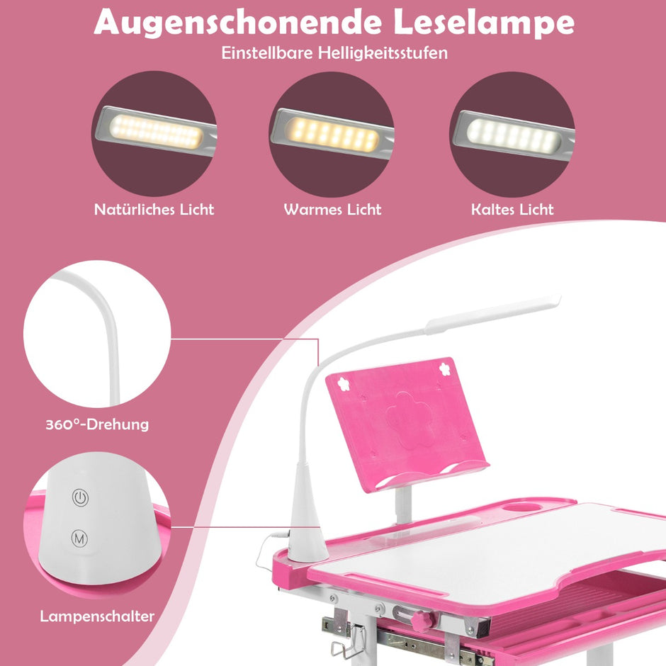 Barnbord – med bokställ och LED ljus för pojkar flickor – Rosa