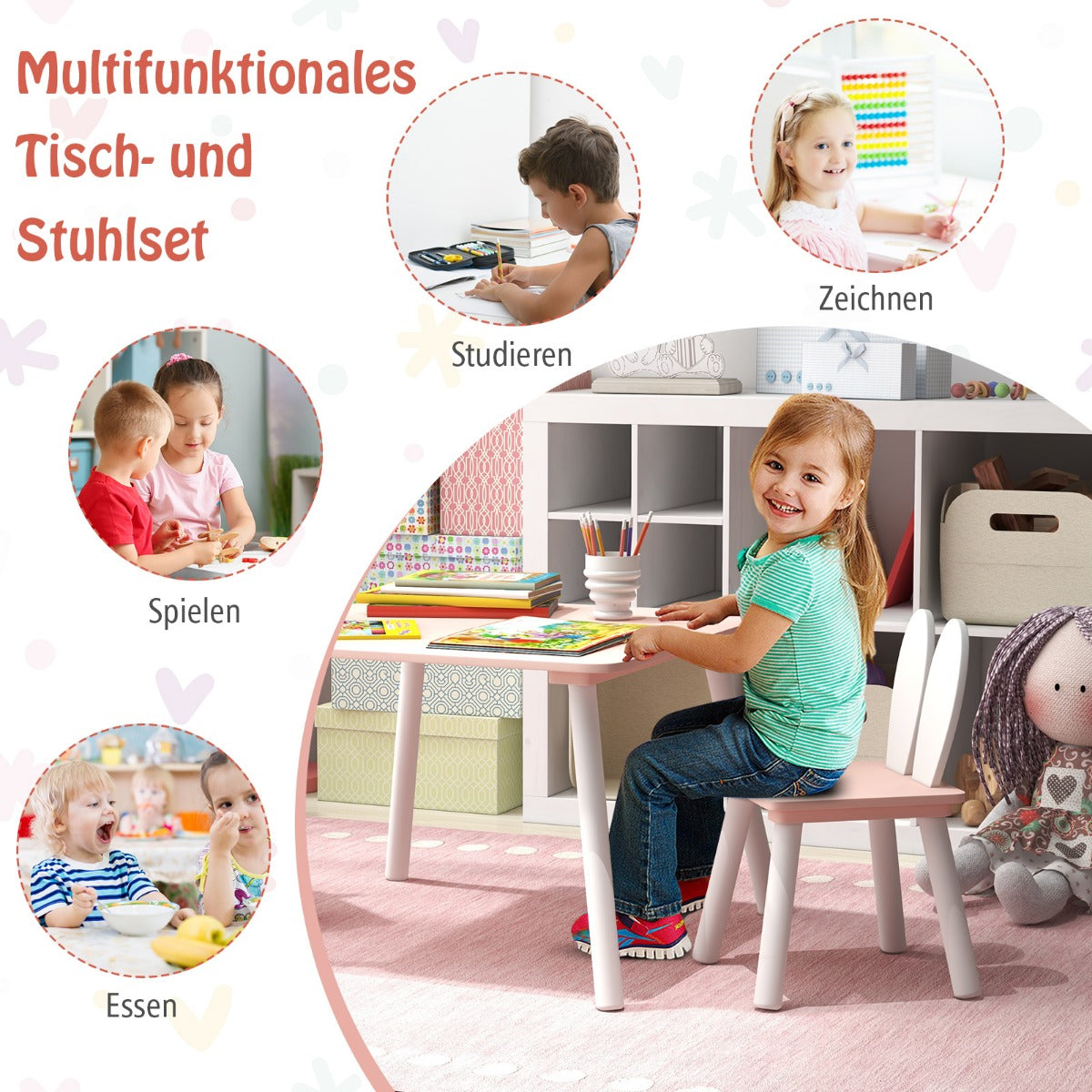 Barnbord – med stolar st Barnsittgrupp massiva träben – 2 3 – Rosa