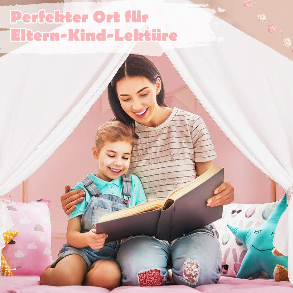 Barntält – med tvättbar bomullsmatta och flaggbanderoll lektält fönster – 131 x 91 x 131 cm – Rosa