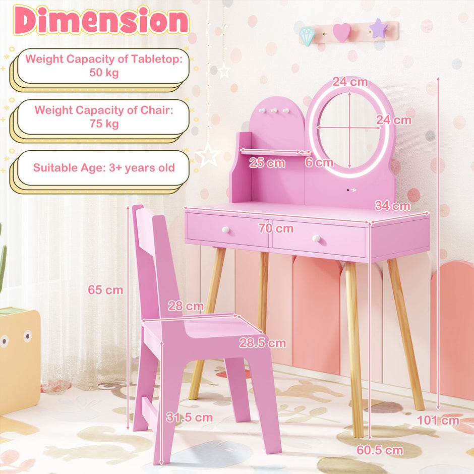 Sminkbordsset – för barn med upplyst spegel Kosmetikbord och stolset prinsessmotiv – Rosa