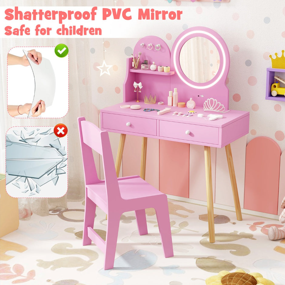Sminkbordsset – för barn med upplyst spegel Kosmetikbord och stolset prinsessmotiv – Rosa