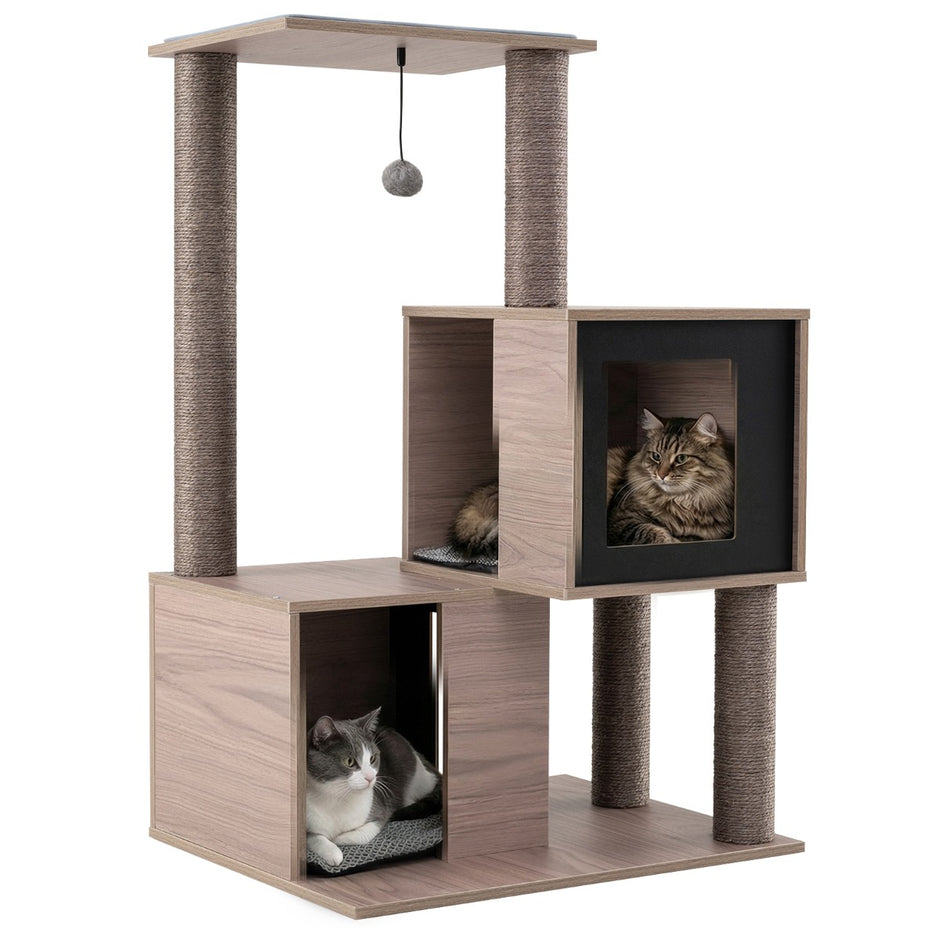 Modern – klösställ för innehuskatter flervånings trätorn med sisal klöstolpe Grått – 94 cm – Grön