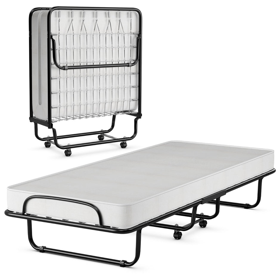 Hopfällbar – säng på hjul med madrass för vuxna tillverkad i Italien Ursprung: – 190 x 80 x 39 cm – Svart och vit
