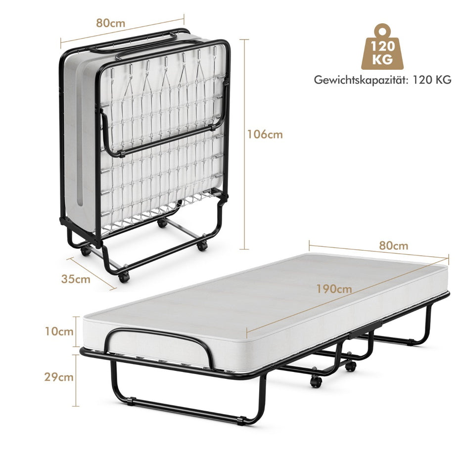 Hopfällbar – säng på hjul med madrass för vuxna tillverkad i Italien Ursprung: – 190 x 80 x 39 cm – Svart och vit
