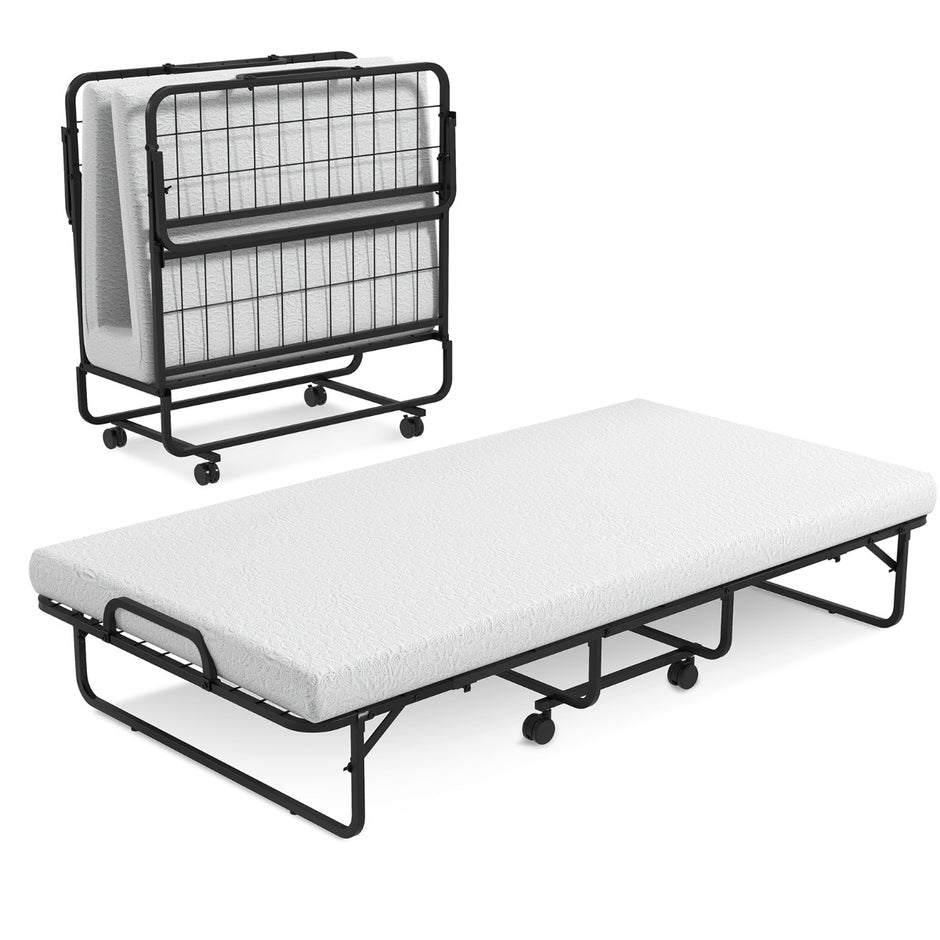 Hopfällbar – säng med Memory Foam madrass och robust metallram, bärbar – Svart och vit