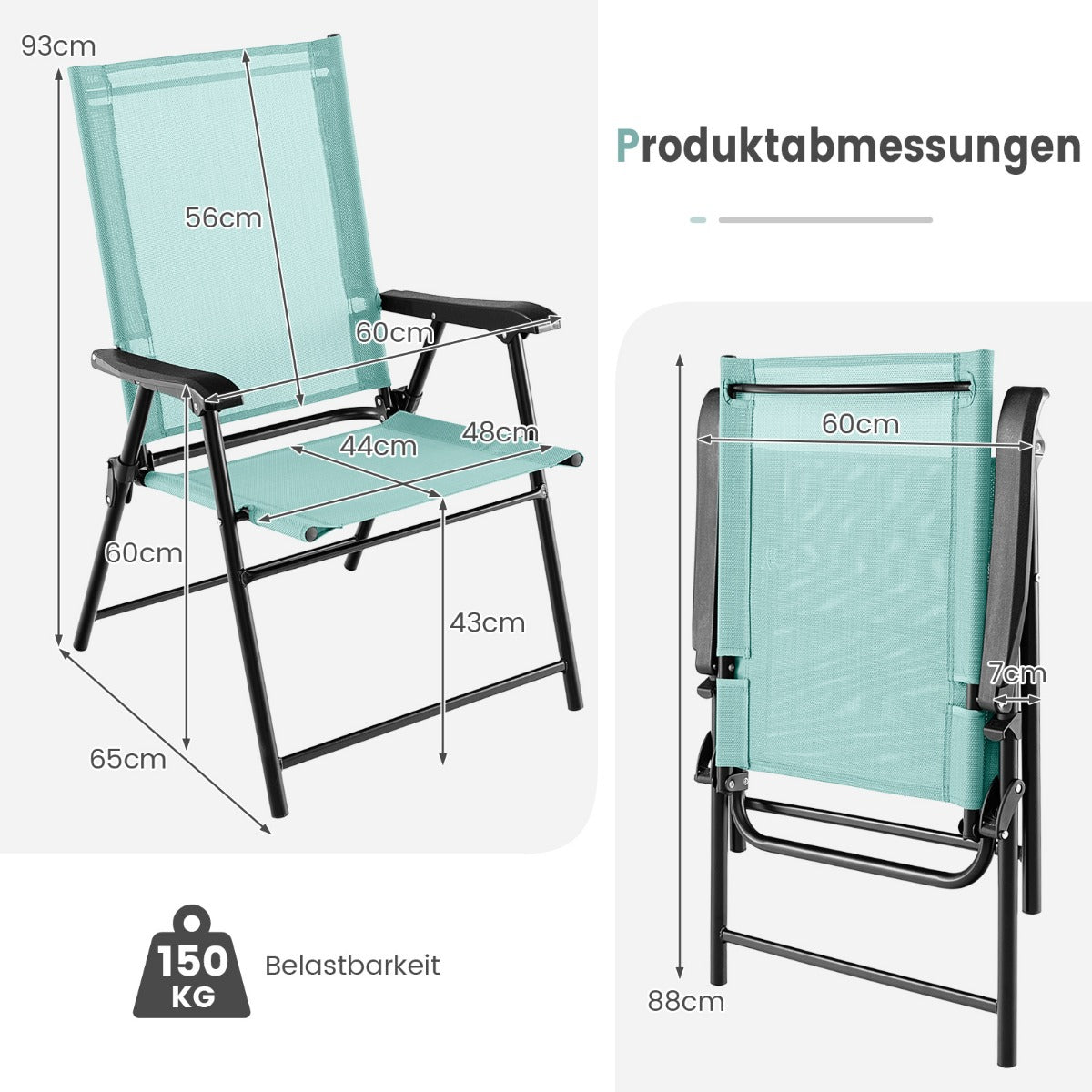 Set – med trädgårdsstolar, hopfällbara armstöd, balkongstolar väderbeständigt tyg, mintgrön – 4 – Grön