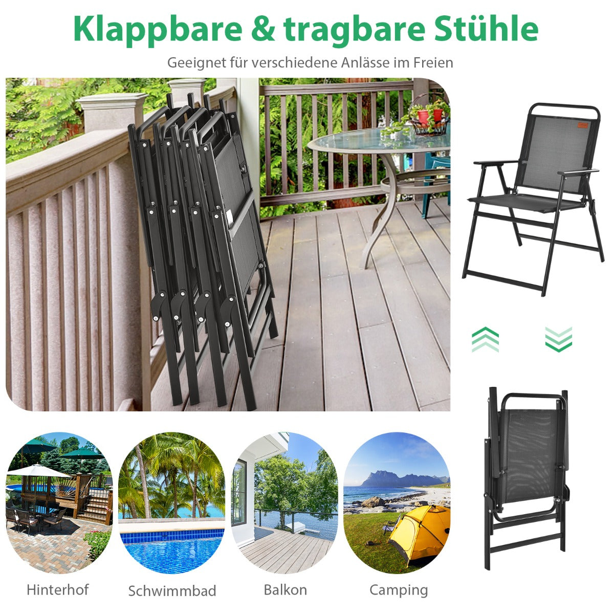 Set – med trädgårdsstolar armstöd och ryggstöd andningsbara sätesfällbara – 4 – Svart