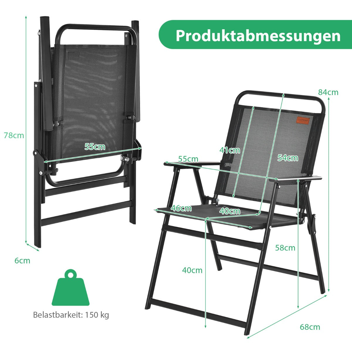 Set – med trädgårdsstolar armstöd och ryggstöd andningsbara sätesfällbara – 4 – Svart