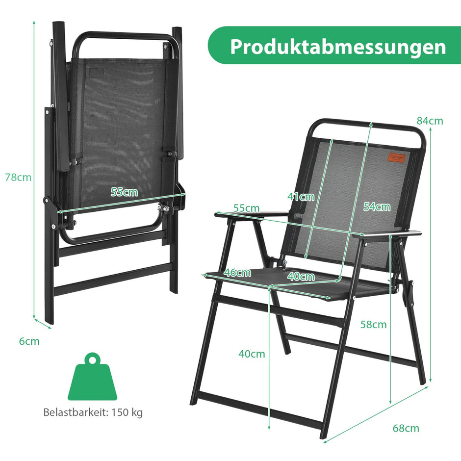 Set – med trädgårdsstolar armstöd och ryggstöd andningsbara sätesfällbara – 4 – Svart