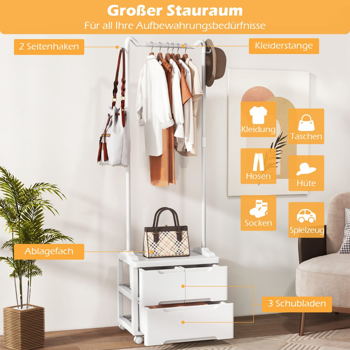Klädställ – med lådor Rullbar klädhängare sidokrokar – 3 46 x 38 x 157 cm – Vit