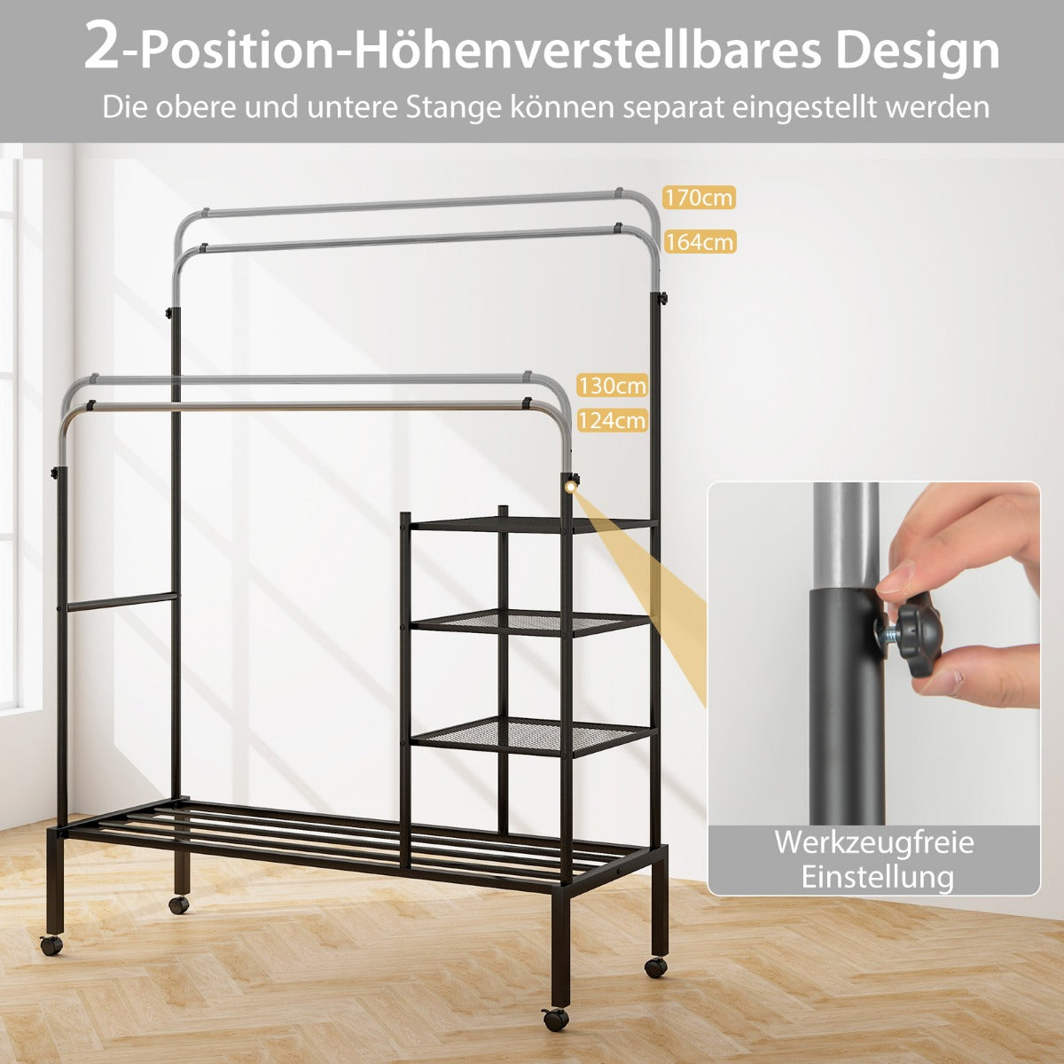 Klädställ – med klädstänger, på hjul, höjdjusterbar, – 2 135 x 54 x 170 cm – Silver