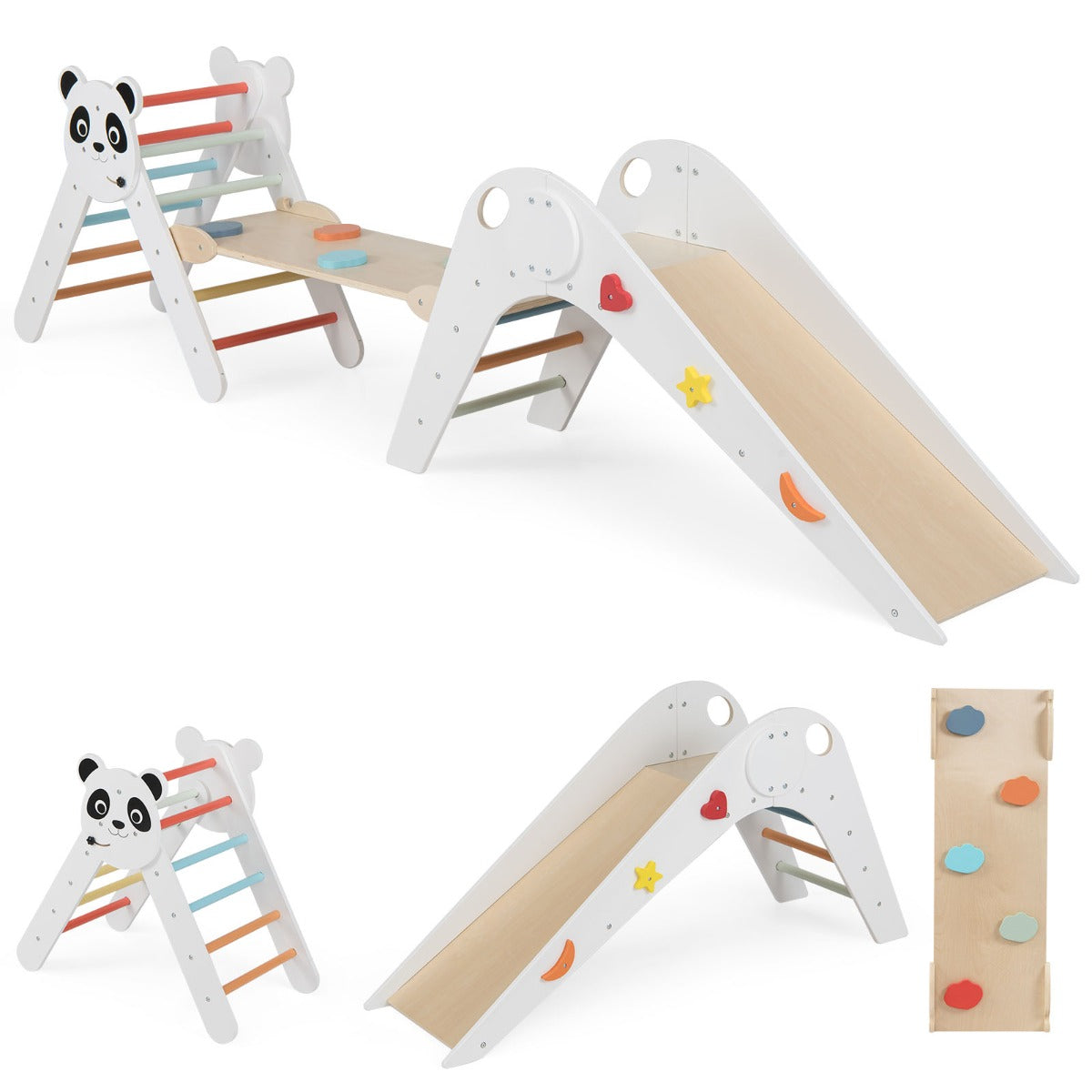 Hopfällbart – klättringstriangel set i trä, Montessori klättringsset med pandamönster – Vit