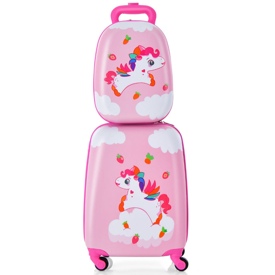 delad – barnresväska + ryggsäck av plast barnvagn barnbagage 12"+16" Pink Unicorn – 2 – Rosa