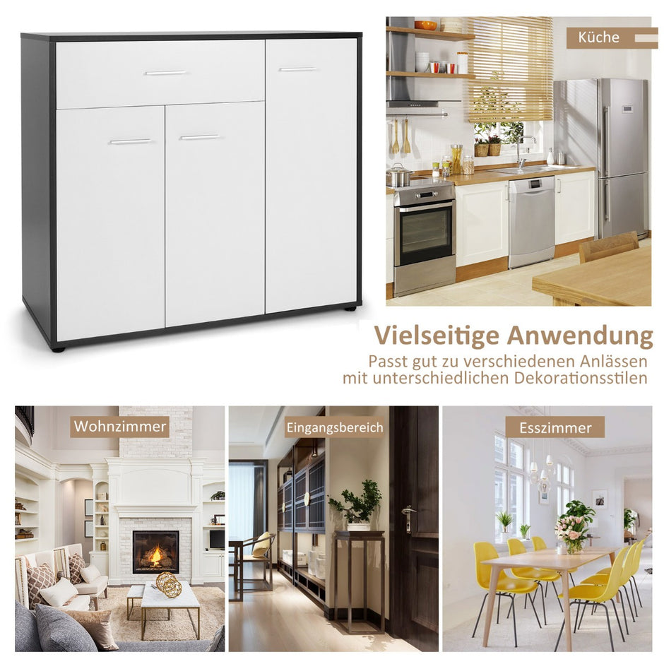 Byrå – Köksbufféskåp med låda Köksskåp ställbar hylla – 88 x 40 x 80 cm – Svart och vit