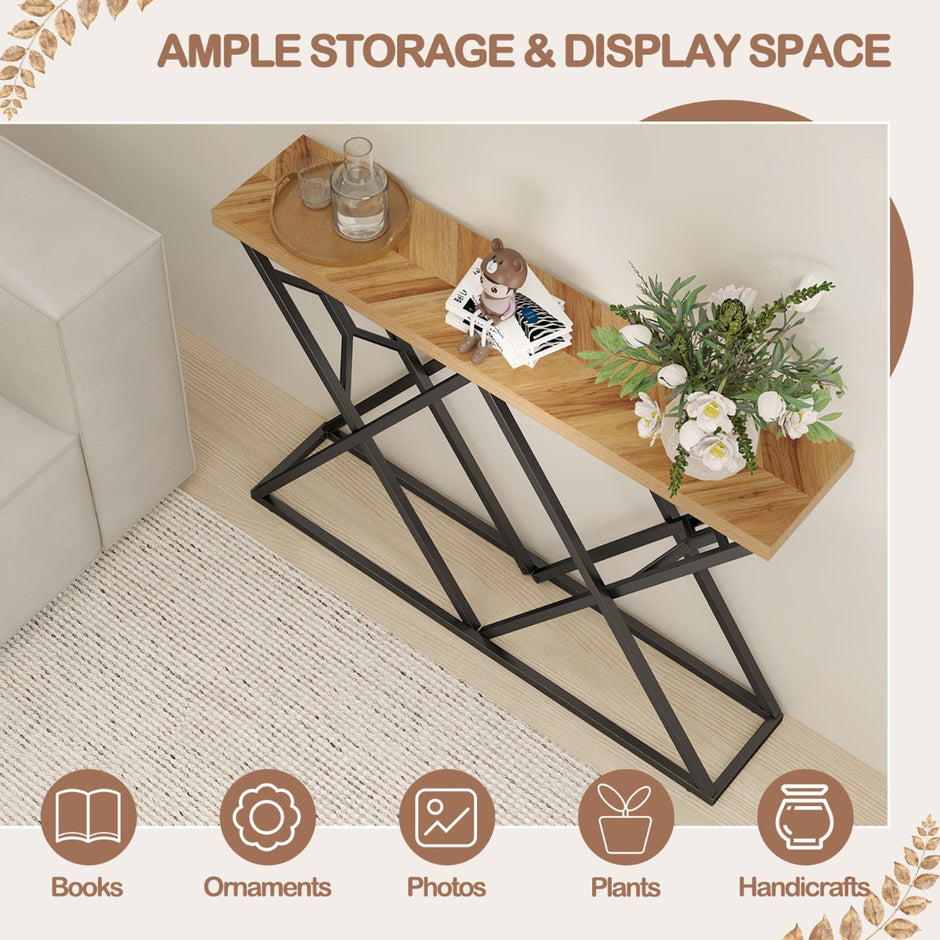 Konsollbord – Lantgårds hallbord med geometrisk Metallbasis industriell accentbord Träfärg – 140 cm – Trä