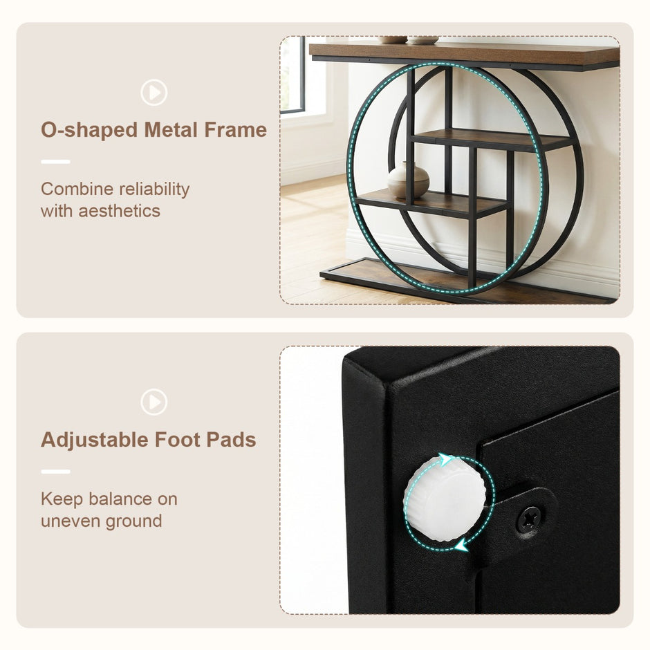 Smal – konsolbord med öppna hyllor, industriellt entrébord, korridorbord – 4 – Brun + svart