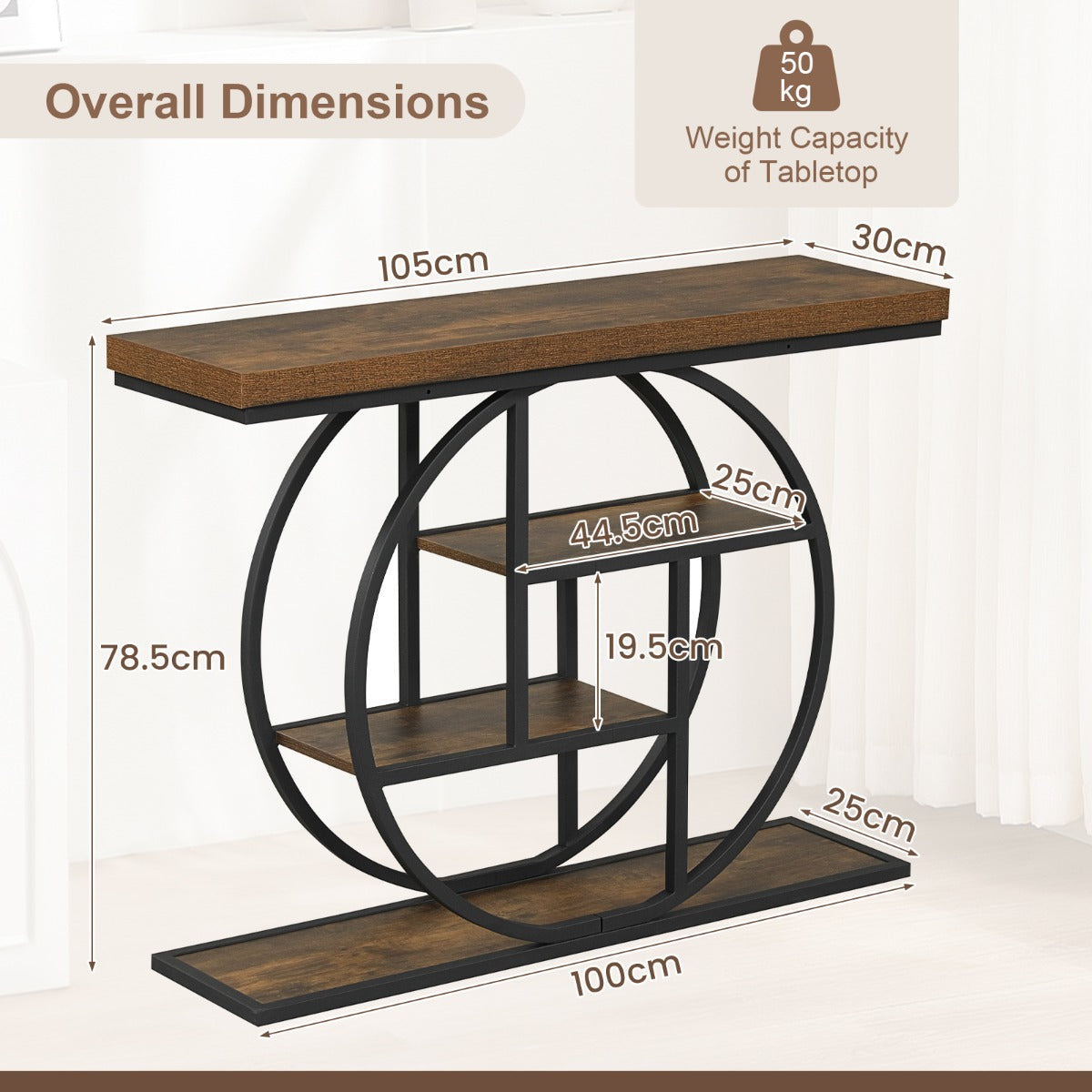 Smal – konsolbord med öppna hyllor, industriellt entrébord, korridorbord – 4 – Brun + svart