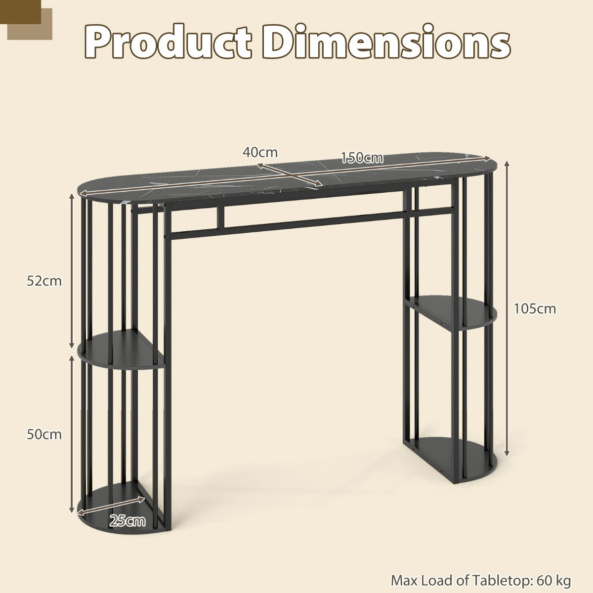 Bartisch – med förvaring, ståbord i marmorlook, modern köksdisk halvrunda hyllor – 4 – Svart