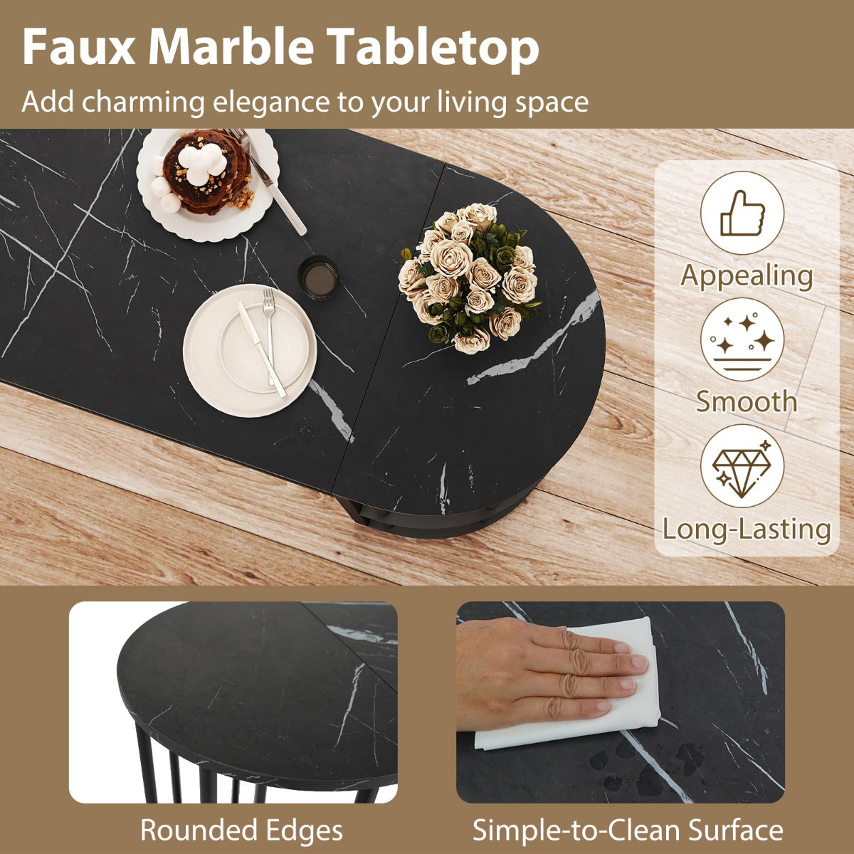 Bartisch – med förvaring, ståbord i marmorlook, modern köksdisk halvrunda hyllor – 4 – Svart