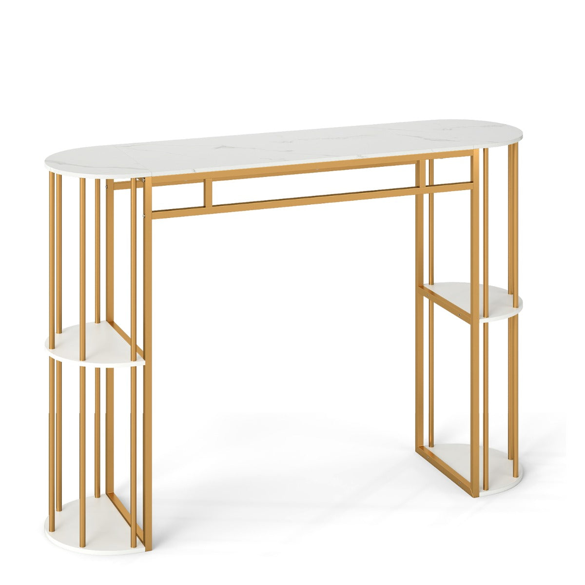 Bartbord – med förvaring, ståbord i marmorlook, modern köksdisk halvrunda hyllor – 4 – Vit
