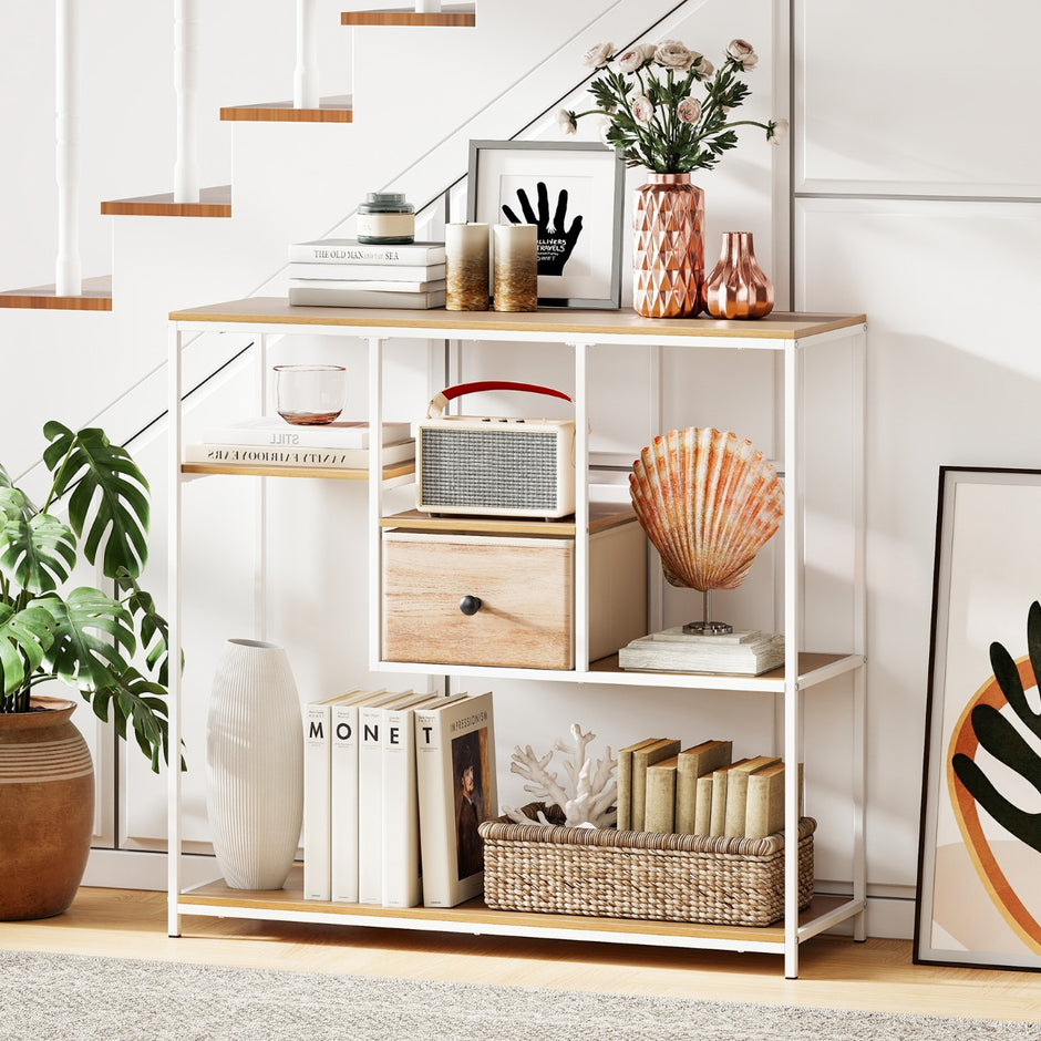 Konsolbord – med förvaringsutrymme Industriellt sidobord filttygslåda och hyllor – Natur + vit