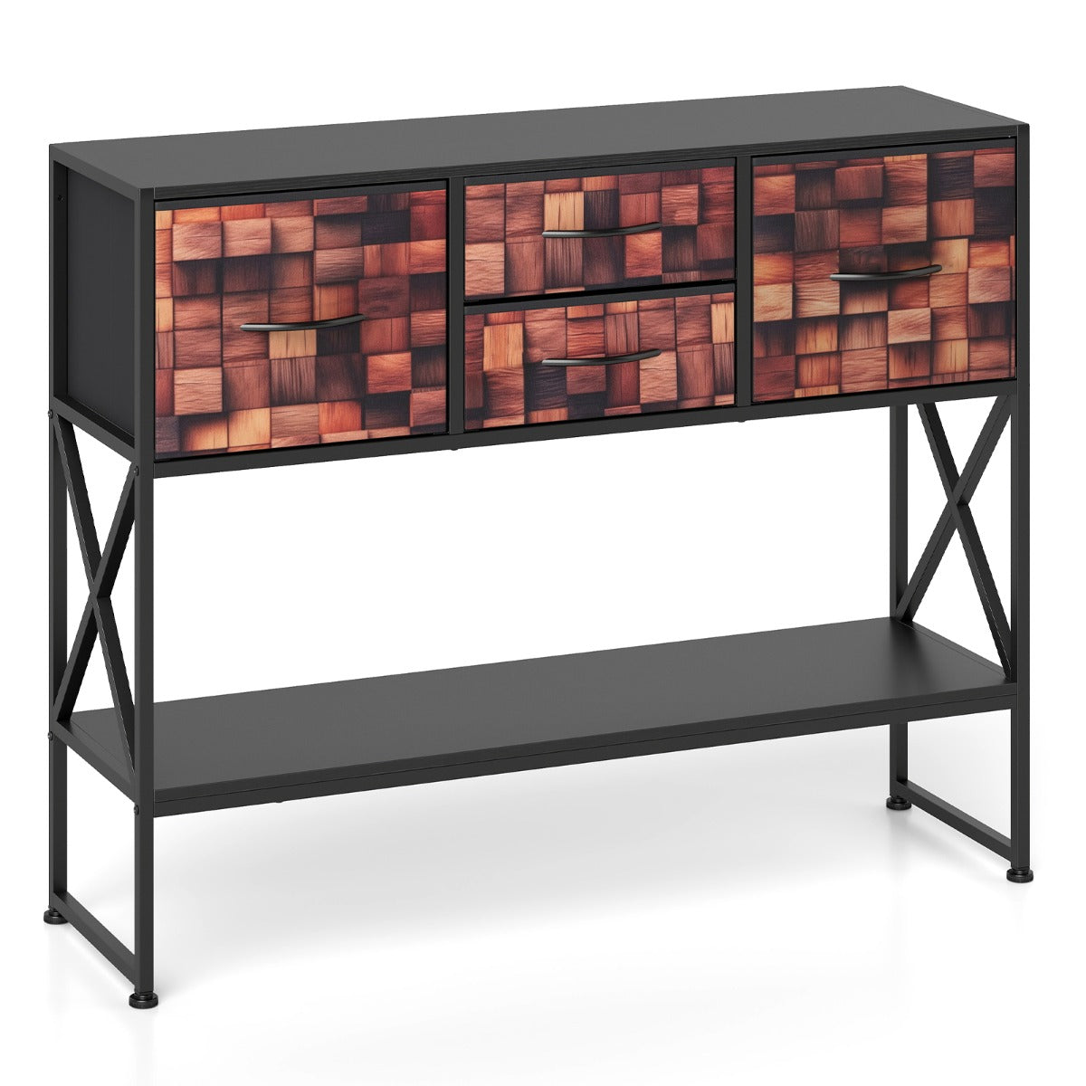 Konsolbord – med tygfack, hylla, metallram, trä, mosaikmönster, och – 4 – Kaffe