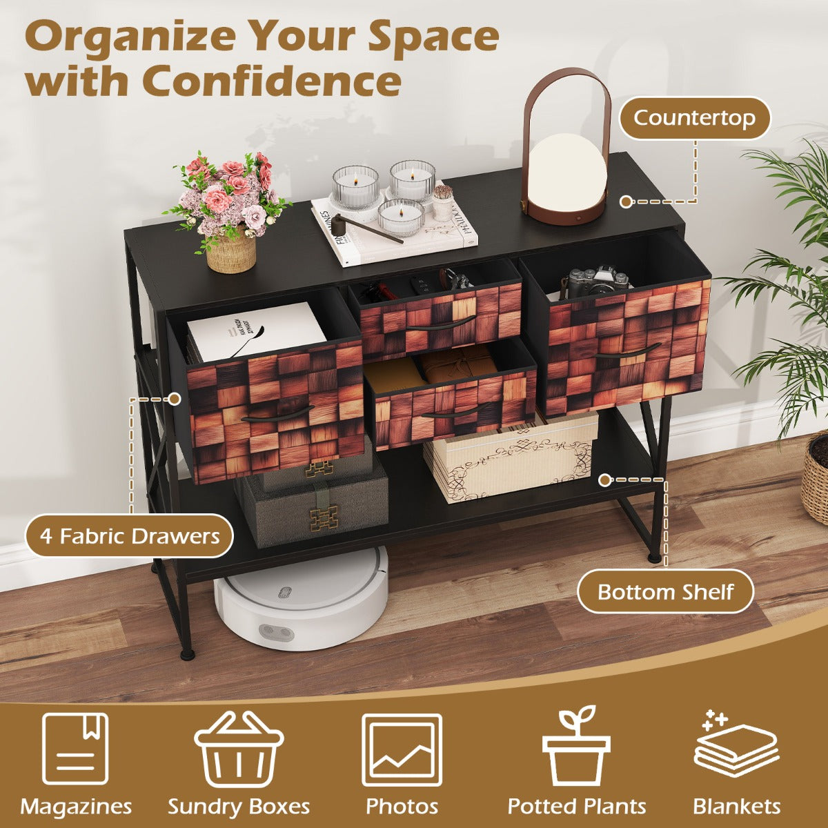 Konsolbord – med tygfack, hylla, metallram, trä, mosaikmönster, och – 4 – Kaffe