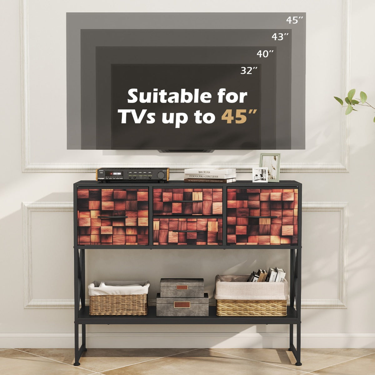 Konsolbord – med tygfack, hylla, metallram, trä, mosaikmönster, och – 4 – Kaffe