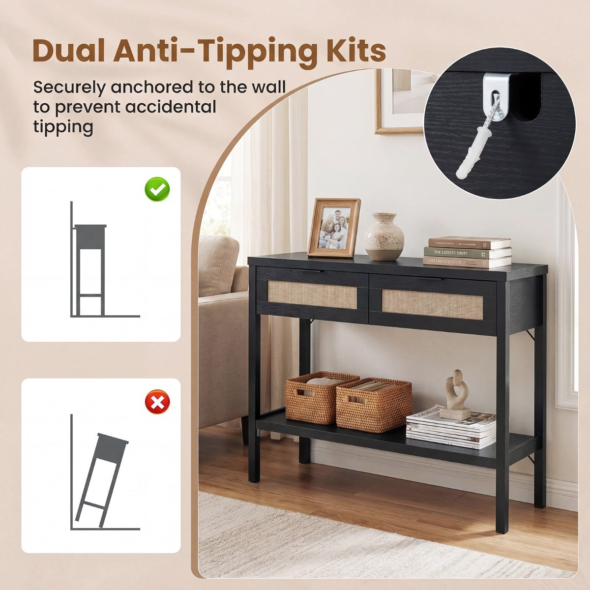 Konsolbord – Sidobord med Öppen Hylla och Lådor Soffbord Rattanoptik – 2 – Svart