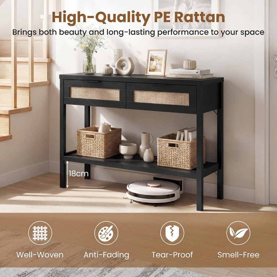Konsolbord – Sidobord med Öppen Hylla och Lådor Soffbord Rattanoptik – 2 – Svart