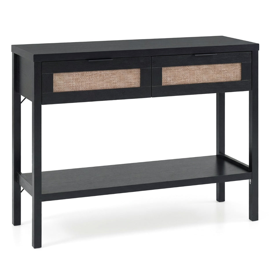 Konsolbord – Sidobord med Öppen Hylla och Lådor Soffbord Rattanoptik – 2 – Svart