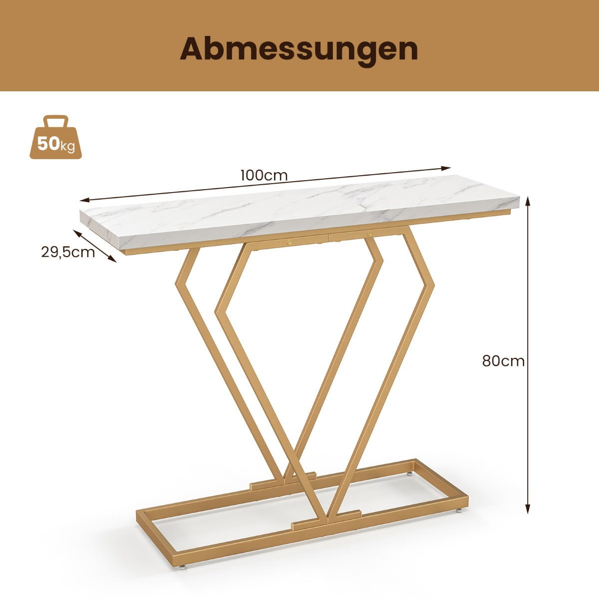 Konsolbord – entrébord smalt hallbord med sidobord i marmorlook för vardagsrum – 100 x 29,5 x 80 cm – Vit