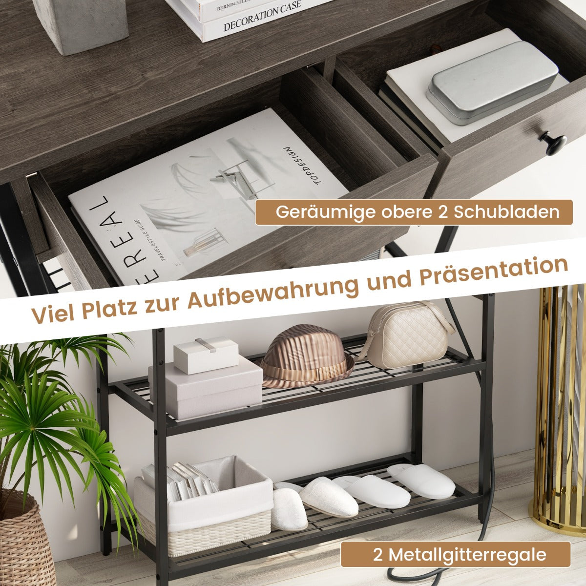 Konsolbord – med laddstation Hallbord lådor och metallnäthyllor – 2 2 – Grå