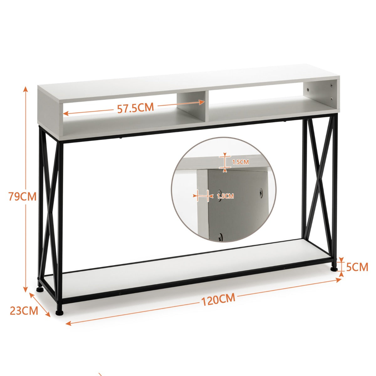 Vitt – konsolbord med öppen hylla och stålram – 120 x 23 x 79 cm – Vit