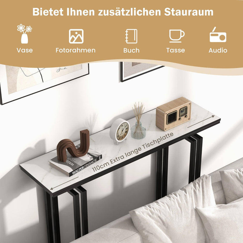 Konsolbord – marmorlook med metallram anti lutningsanordning och justerbara fotkuddar hallbord + – 110 x 30 x 81 cm – Svart och vit