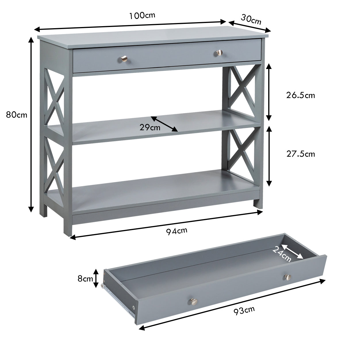 Konsolbord – våningar med låda hallbord av trä grått – 3 100 x 30 x 80 cm – Grå