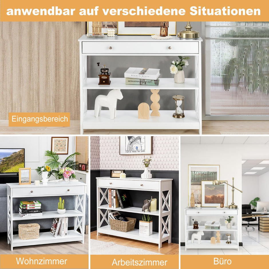 Konsolbord – vånings förvaringshylla med låda och hyllplan – 3 1 2 100 x 30 x 80 cm – Vit