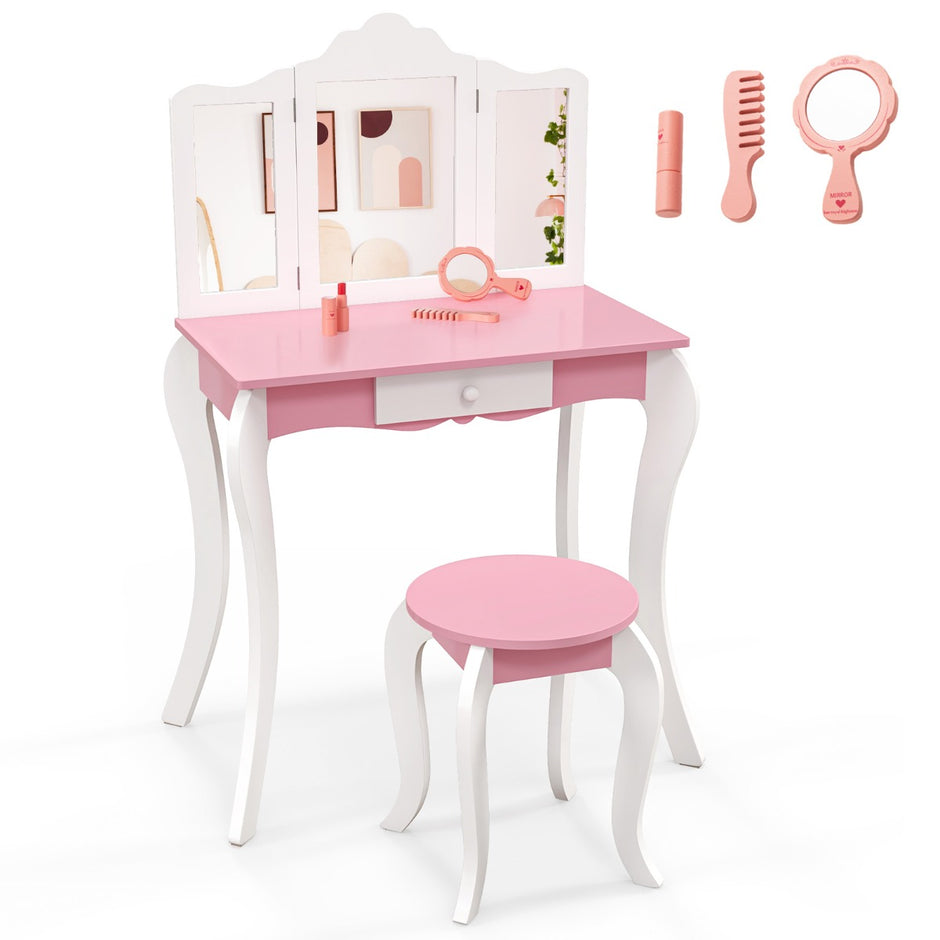 i – sminkbord för barn med pall och vägs avtagbar spegel – 2 1 3 – Rosa